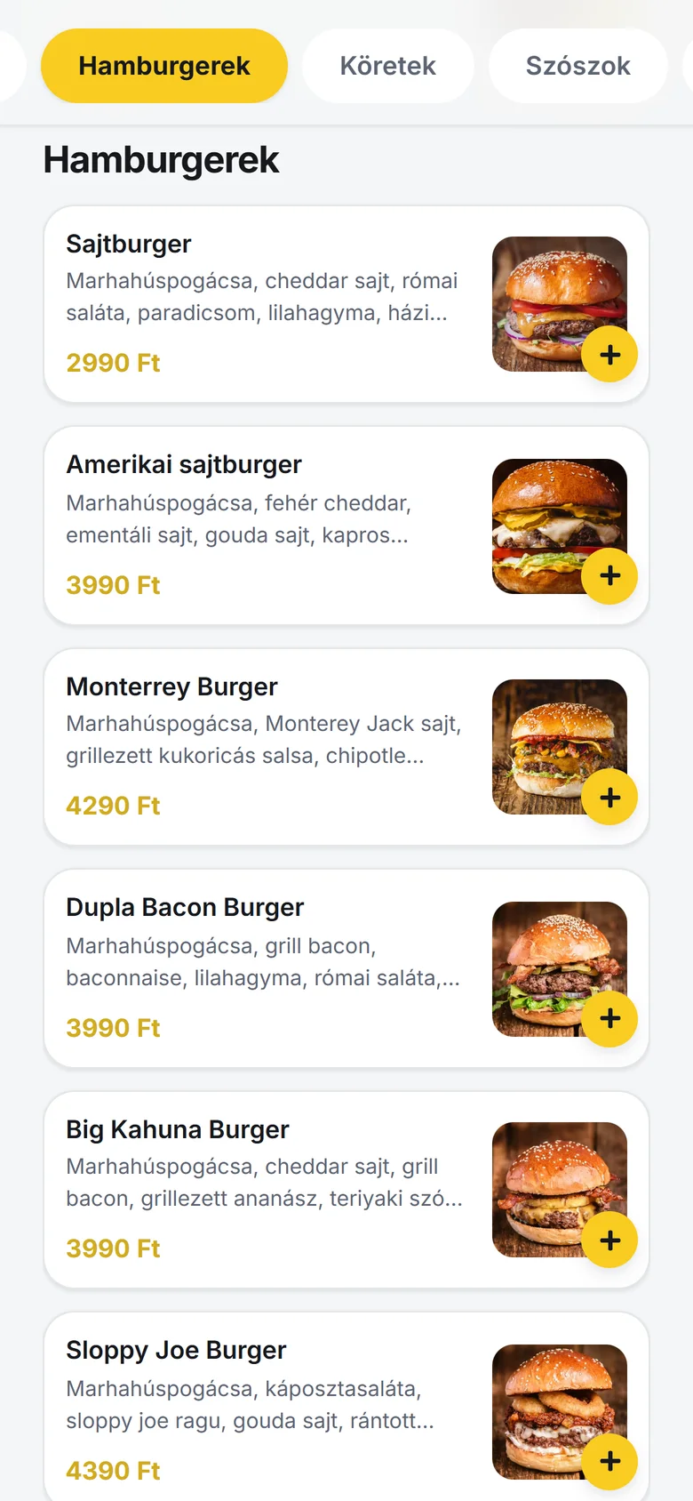 Képes digitális étlap mobilon — hamburgerek fotókkal, árakkal és gyors hozzáadás gombbal