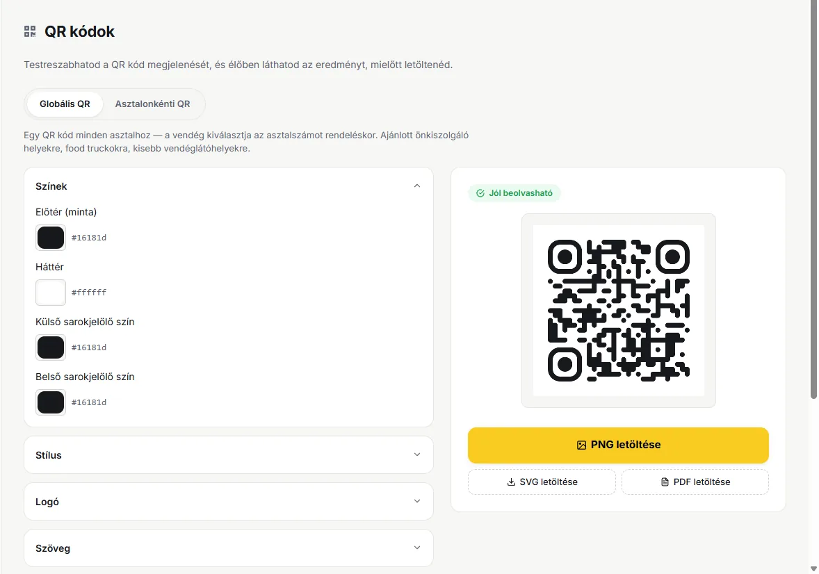Tablify QR kód testreszabó felület élő előnézettel