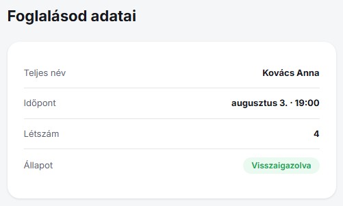 Egy foglalás adatai (dátum, időpont, létszám) a Tablify asztalfoglalási felületén