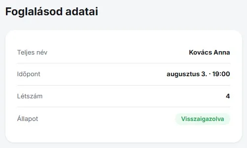 Egy foglalás adatai (dátum, időpont, létszám) a Tablify asztalfoglalási felületén