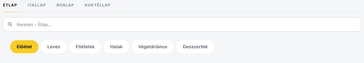 Étlap, Itallap, Borlap és Koktéllap fülek egy Tablify digitális étlap tetején
