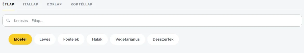 Étlap, Itallap, Borlap és Koktéllap fülek egy Tablify digitális étlap tetején